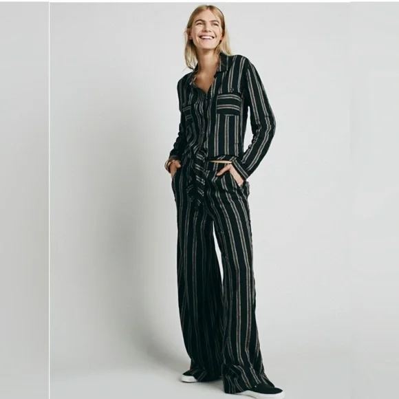 Free People Gray Brown Striped Sensual Wrapped Jumpsuit - Picture 1 of 9